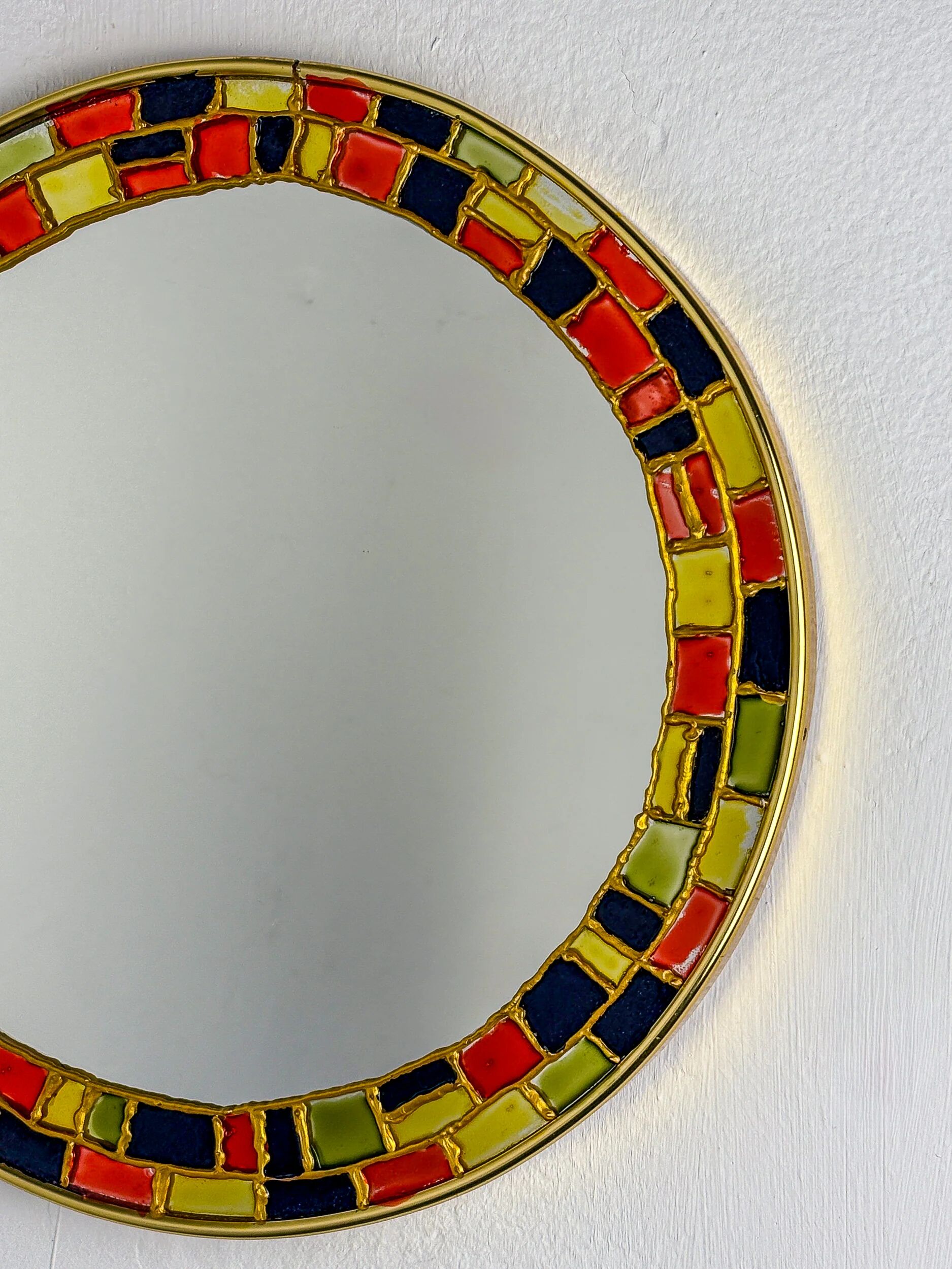 Spanish hand-painted ceramic-style mosaic circular mirror, 1970s
