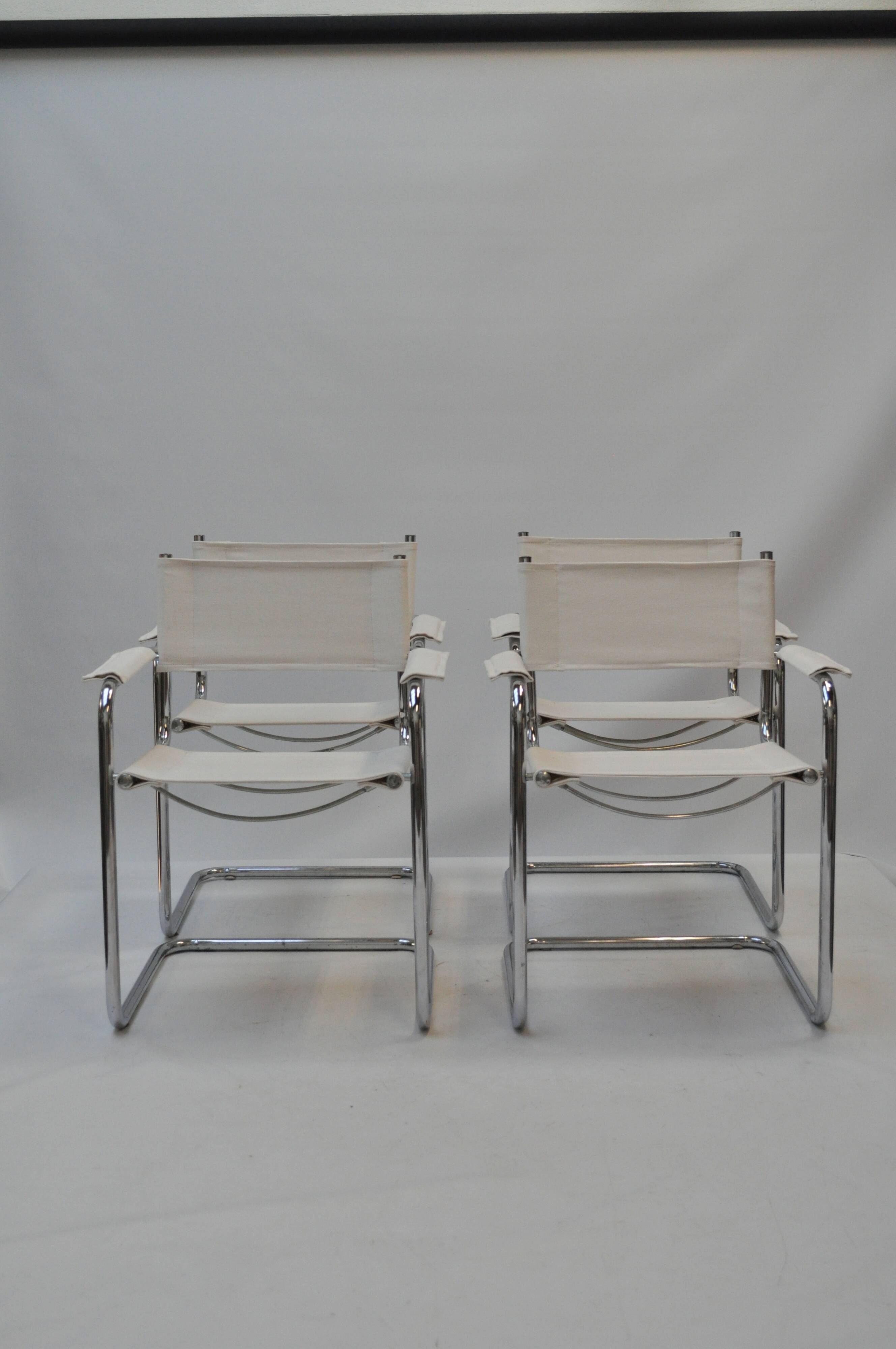 Set of 4 Chrome Sled-Base Chairs, Reupholstered in Italian Chioccarello Lin