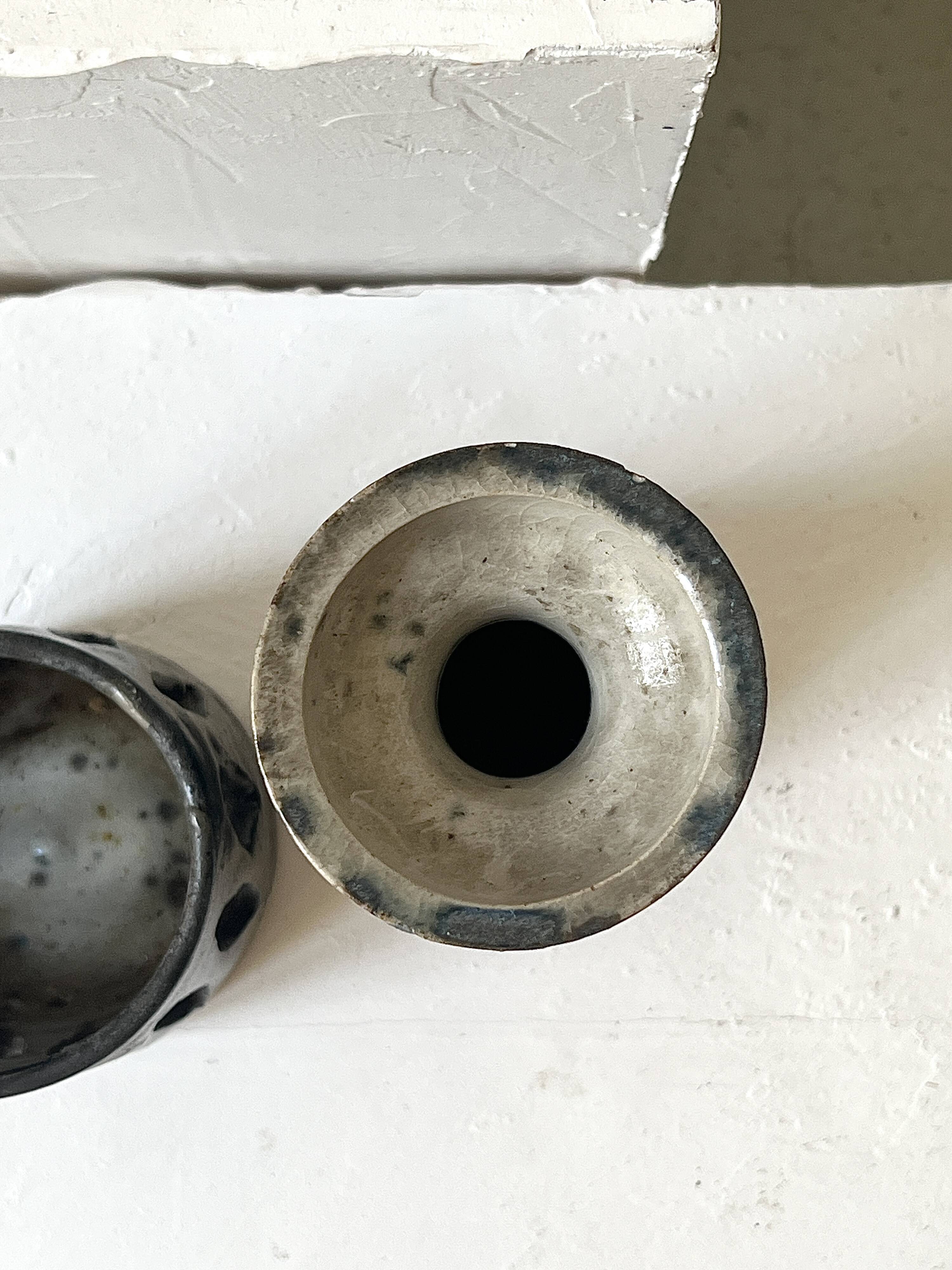 Mid-century ceramic candlestick in black and blue signed Vivien Goron 1970.