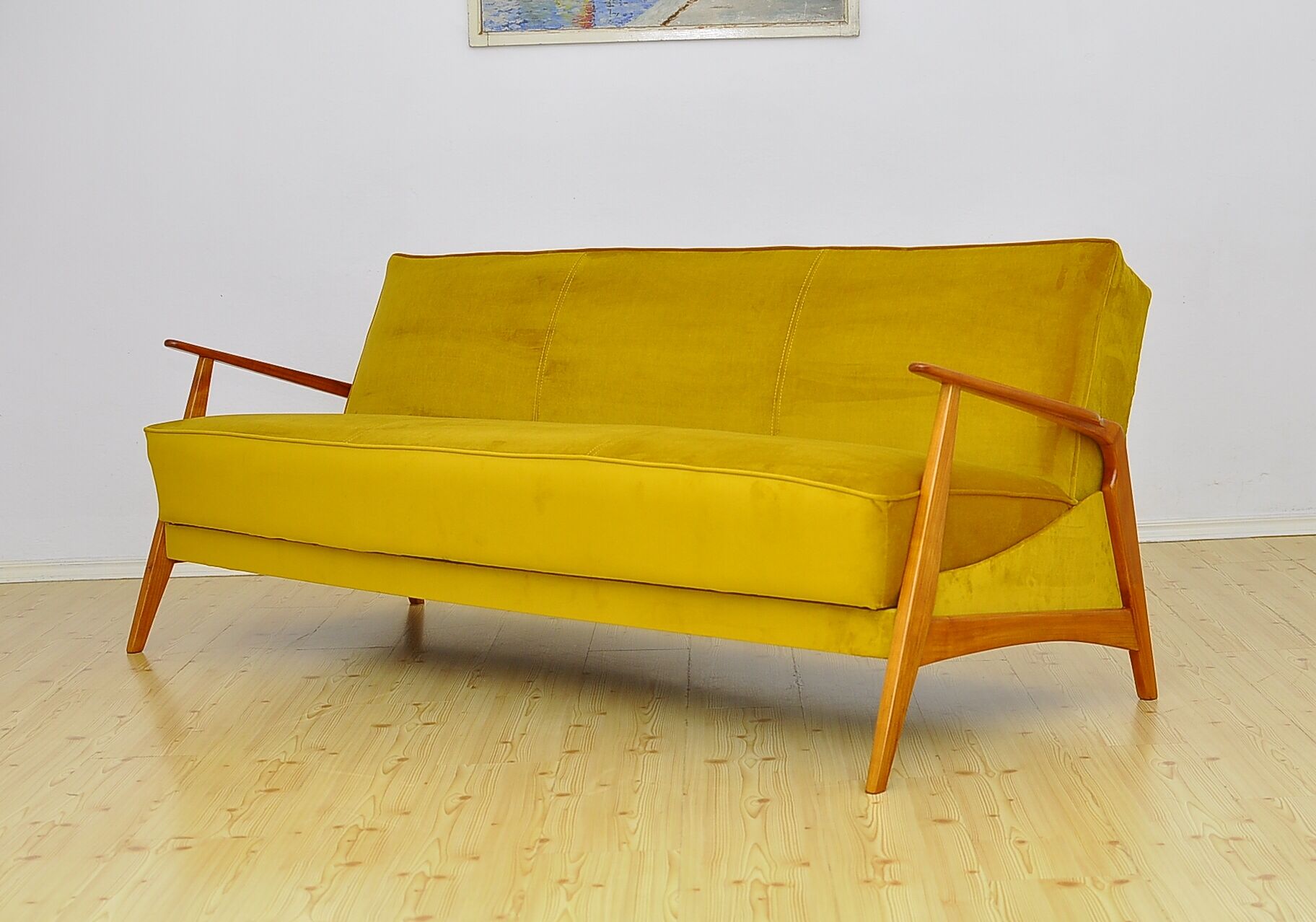 Mid-century Velvet and Cherry Wood Sofa Daybed, 1960s
