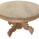 Table with central leg in solid oak, natural wood, carved base