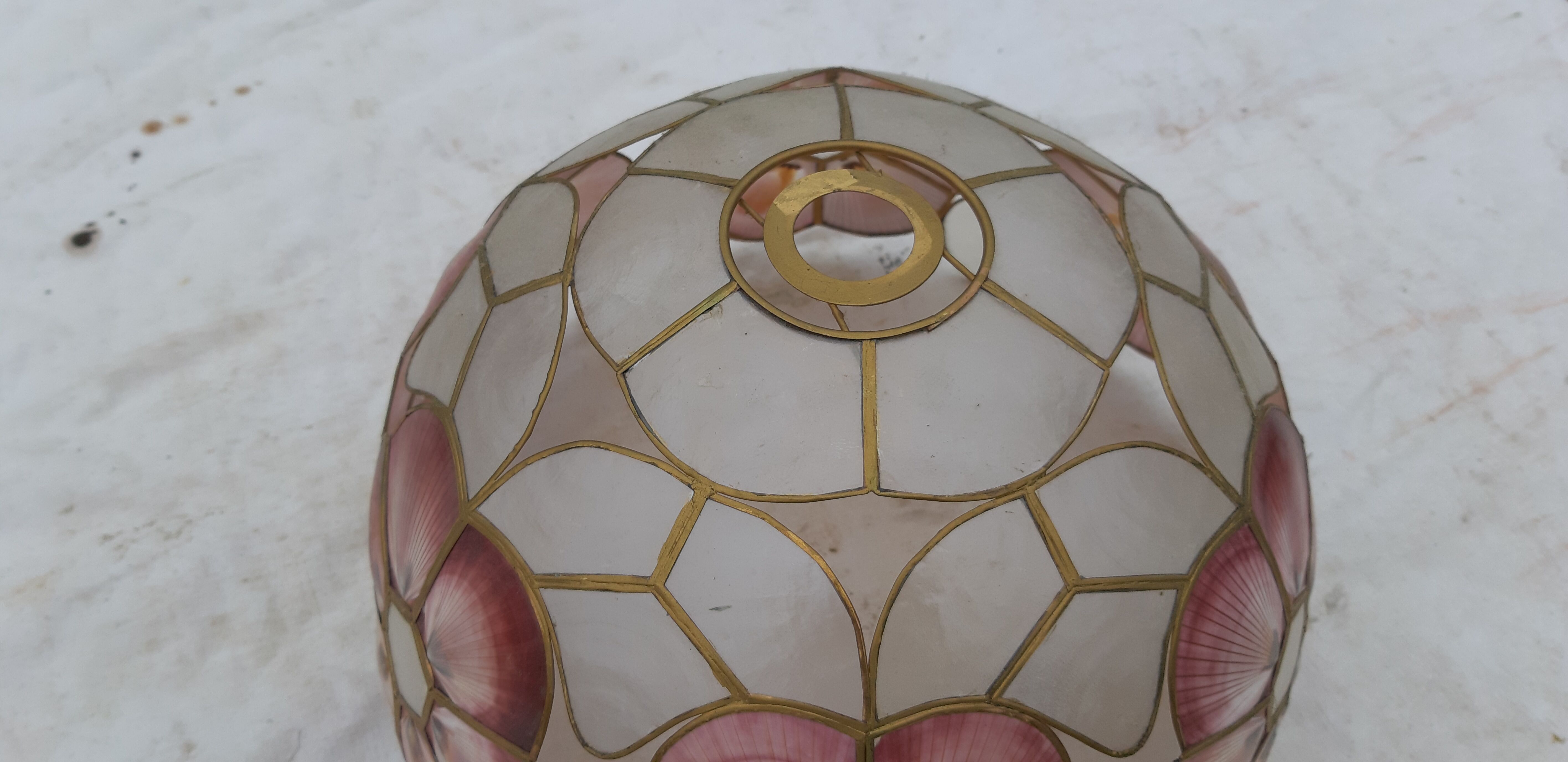 Pair of vintage pendant lamps in brass mother-of-pearl and shells
