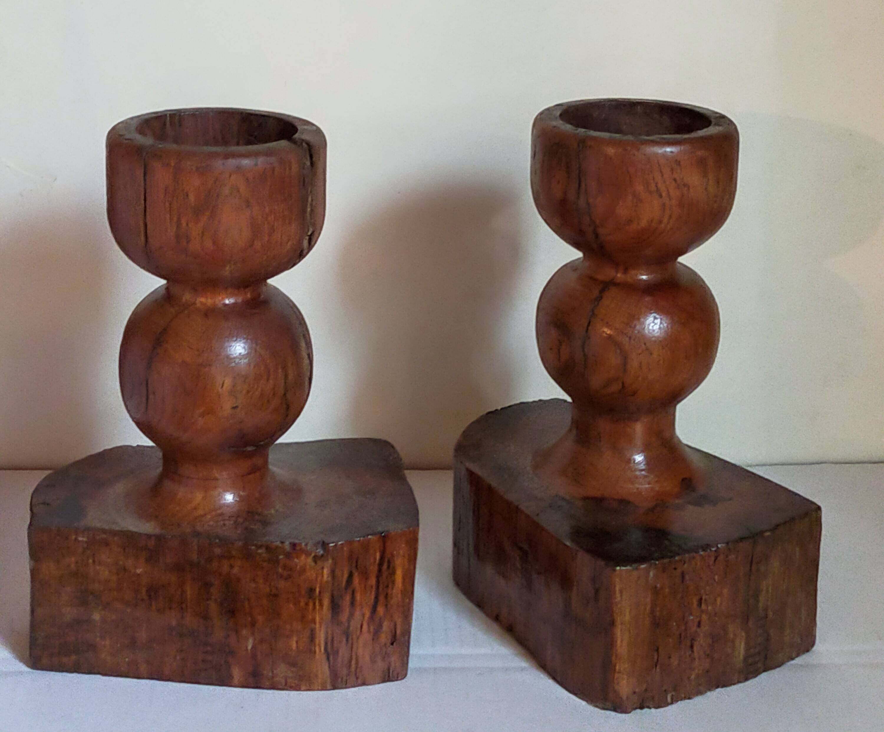Pair of old brutalist turned solid wood candlesticks