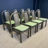 Ensemble de 8 chaises bistrot Baumann Argos bois et tissu vert années 80 France