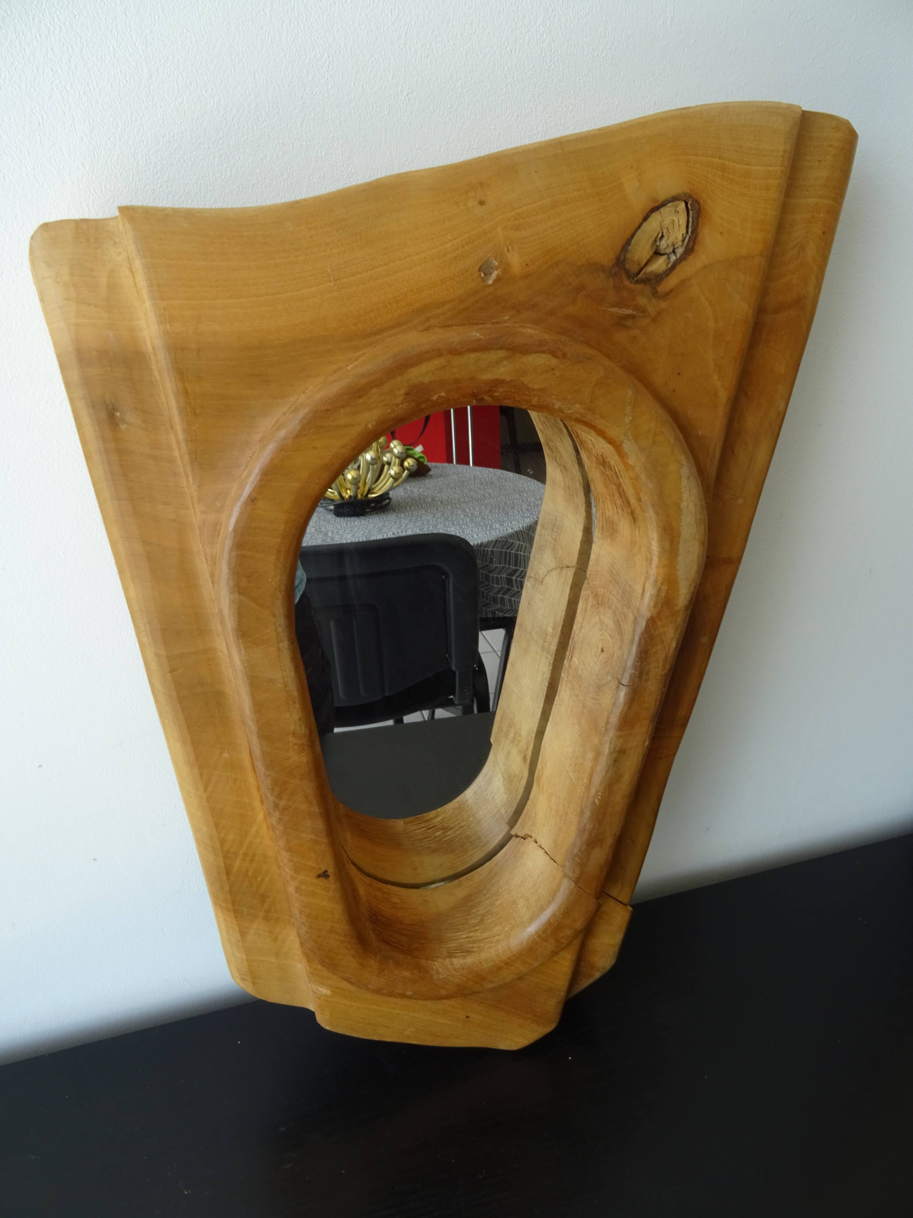 Brutalist free-form solid wood mirror from the 70s