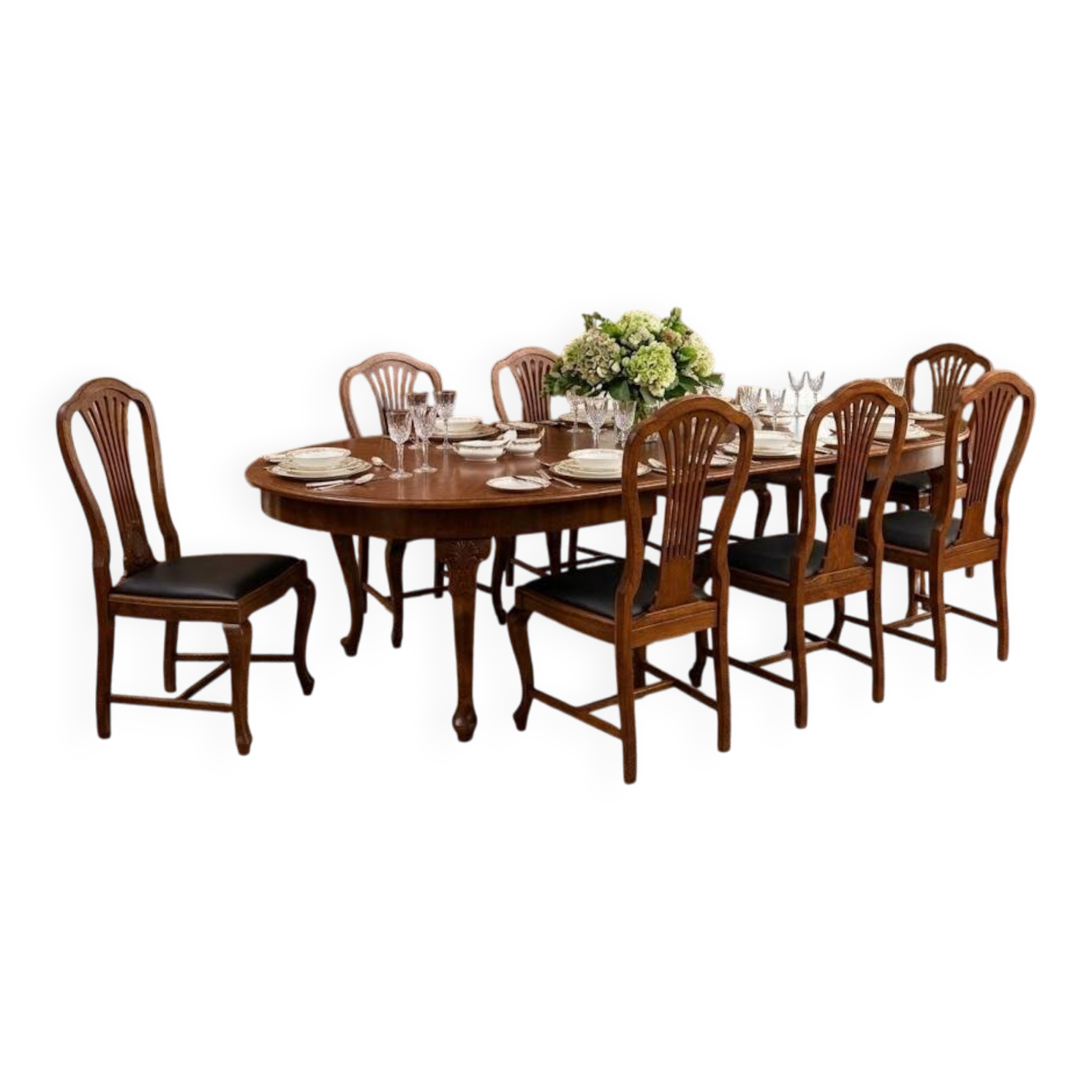Large extendable table with eight chairs, late 19th century, France. After renovation.