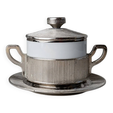 Bol vintage en porcelaine avec couvercle, argenté - Pour sucre, sauces, moutarde, confiture - Monopoli Italie années 50 - Décoration de table élégante, idée cadeau