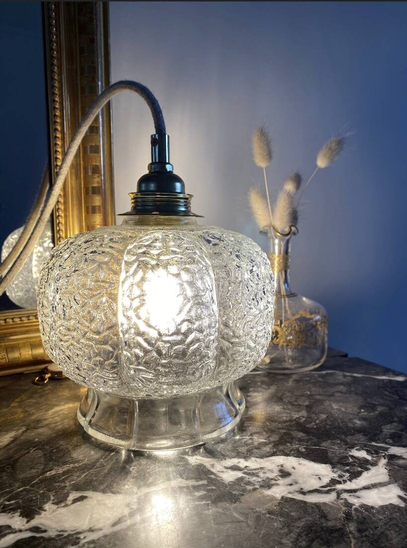 Suspension avec globe vintage en verre transparent