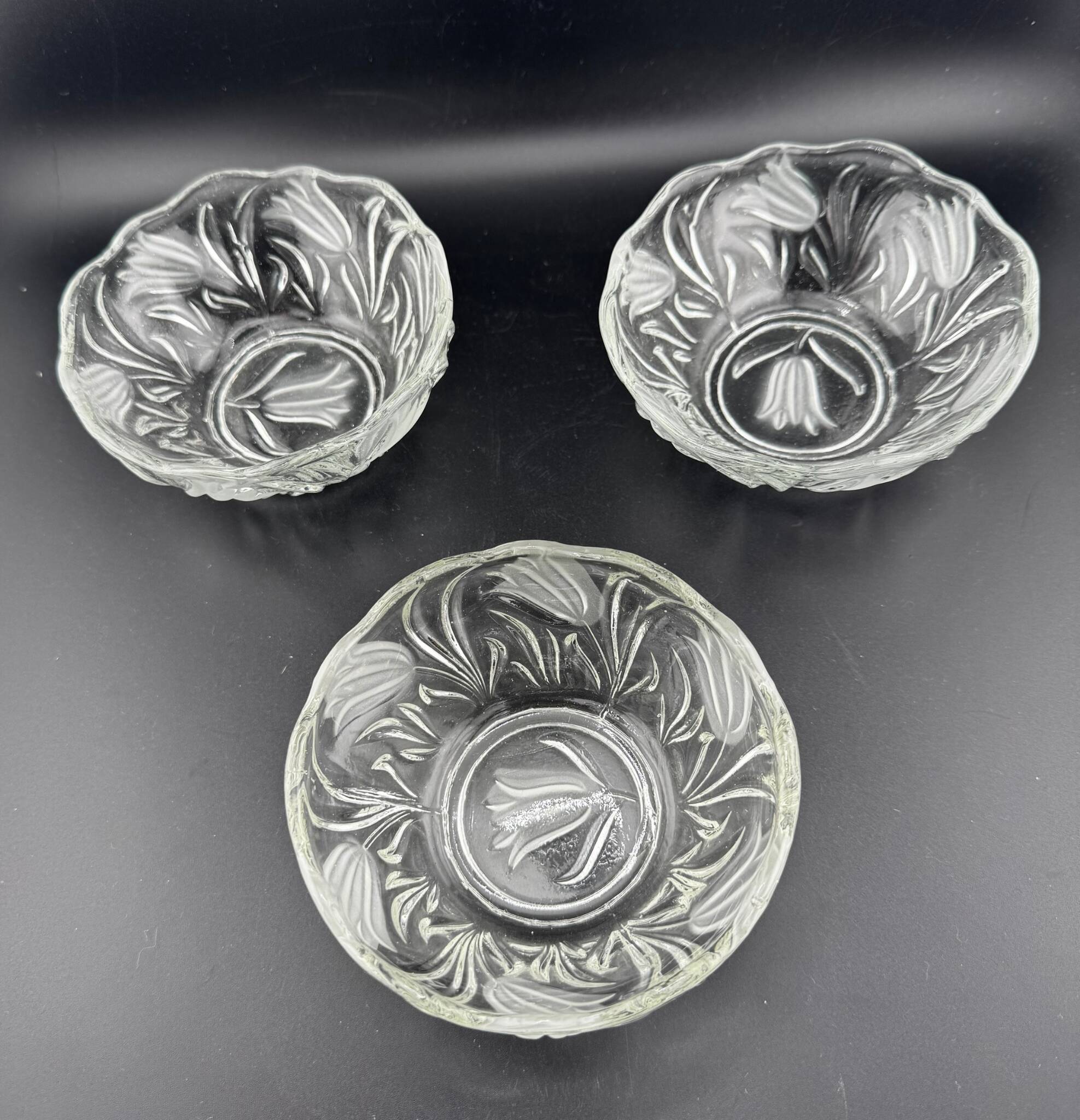 Small Pressed Glass Bowls with Frosted Tulip Decor - Vintage Bowls