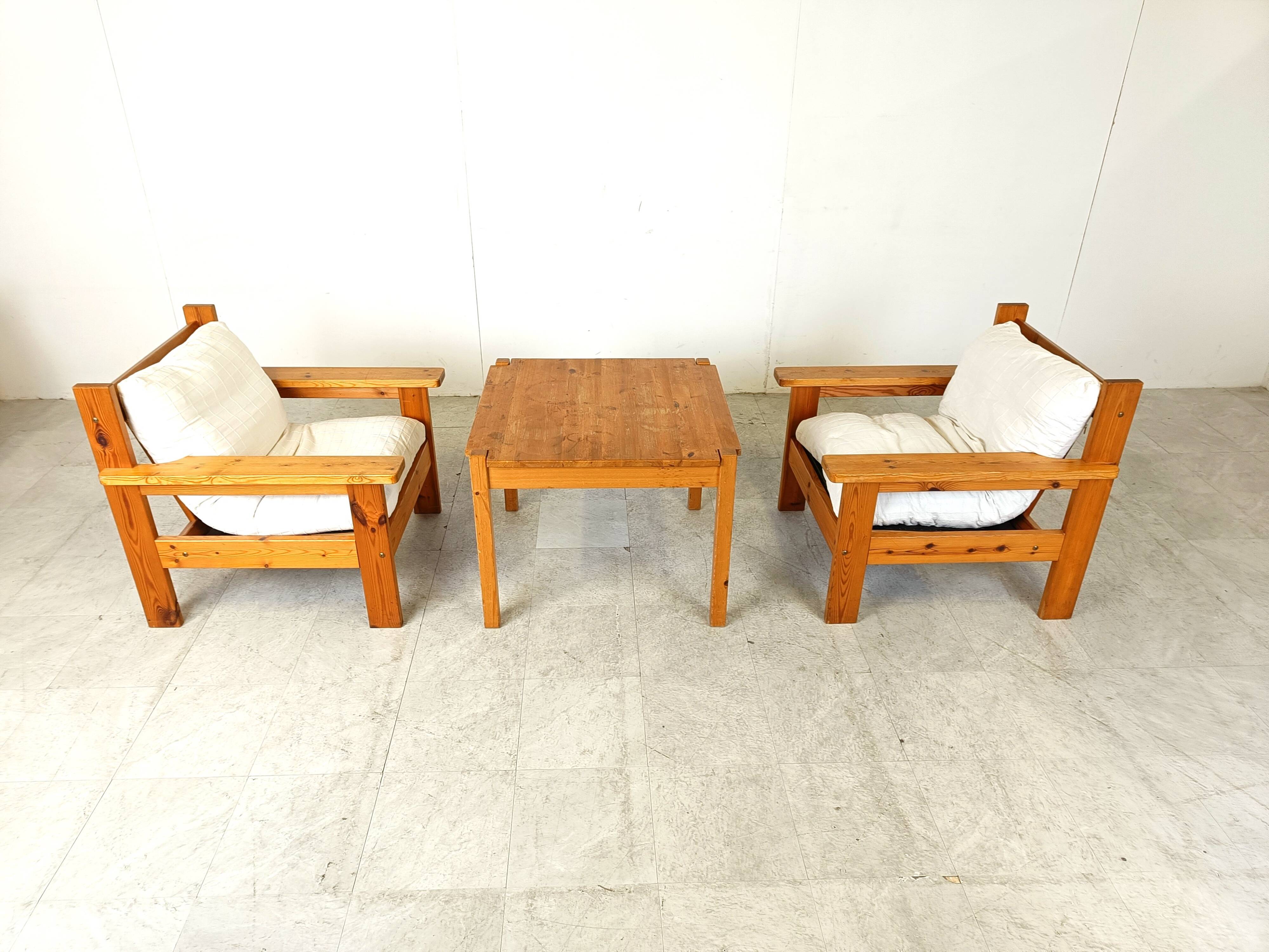 Vintage pine wood armchair set, 1980s