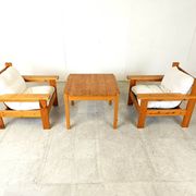 Vintage pine wood armchair set, 1980s