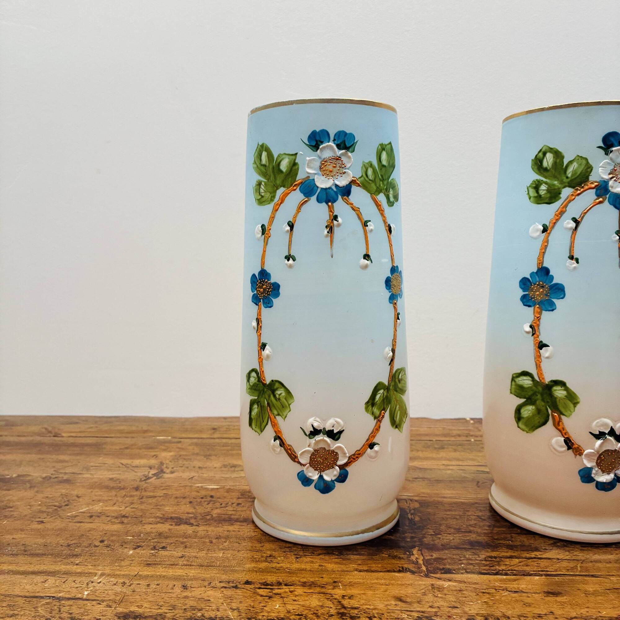 Rare pair of antique hand-painted opaline glass vases – Napoleon 3