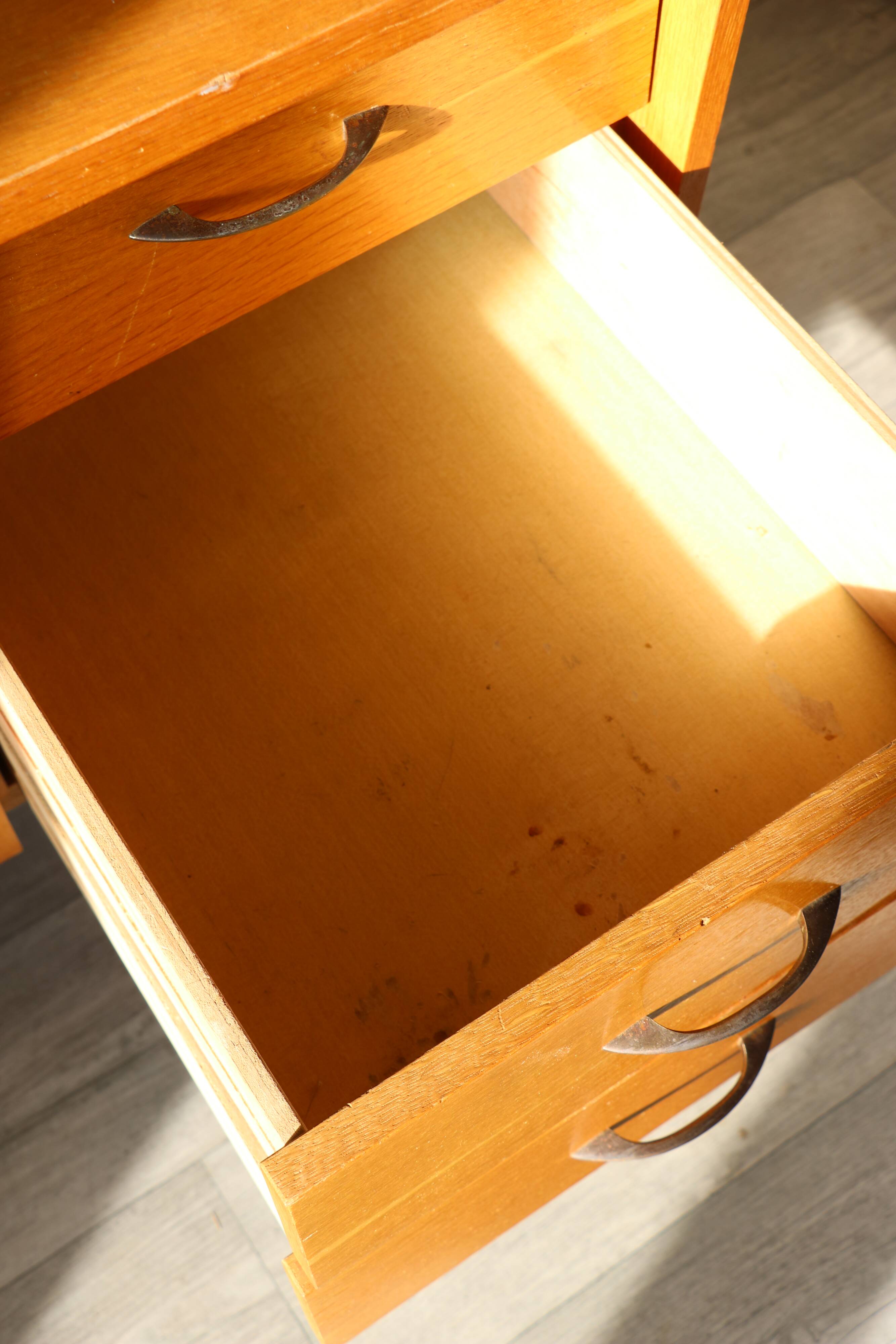 Oak desk, splayed legs, drawers, 1960.