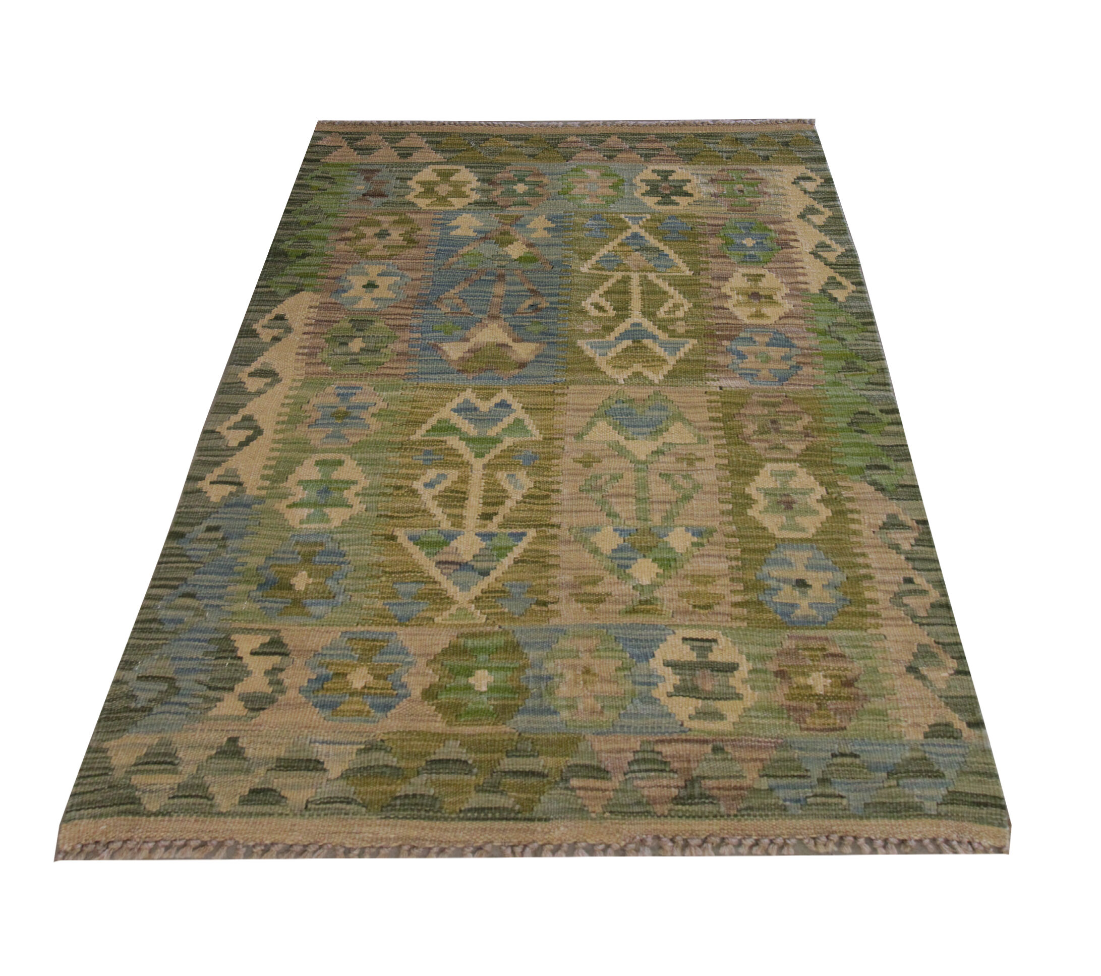 Laine verte Afghan Kilim Traditionnel Géométrique Tissé à plat Tapis fait à la main - 80x120cm