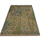 Green Wool Afghan Kilim Traditional Geometric Flat-woven Handmade Rug- 80x120cm