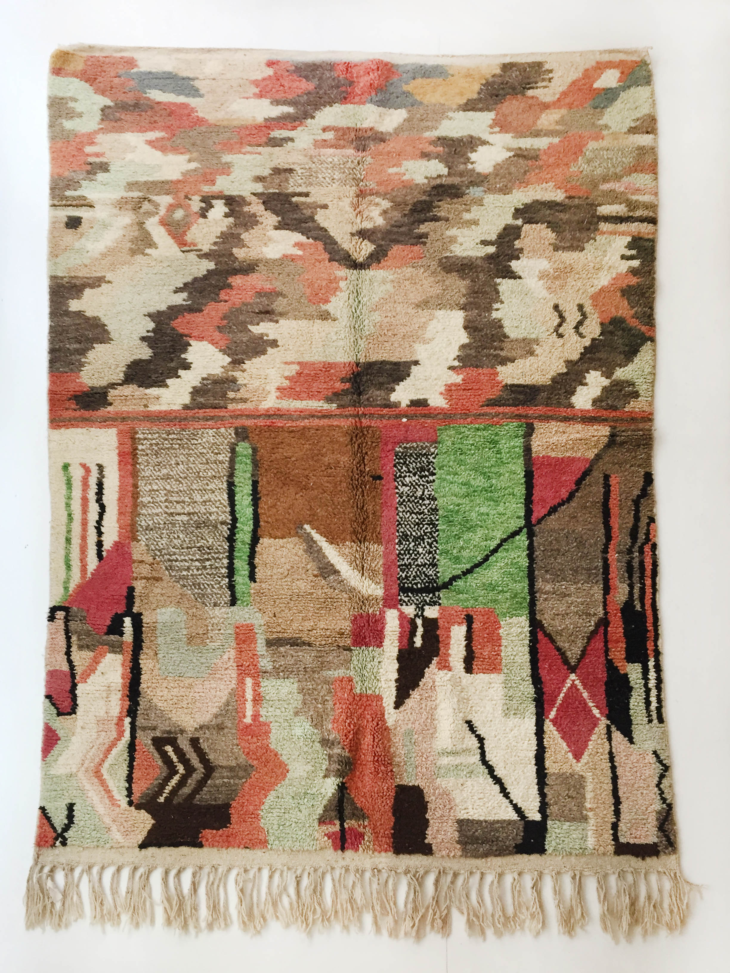 Moroccan Berber boujaad ecru carpet with colorful patterns 303x197cm