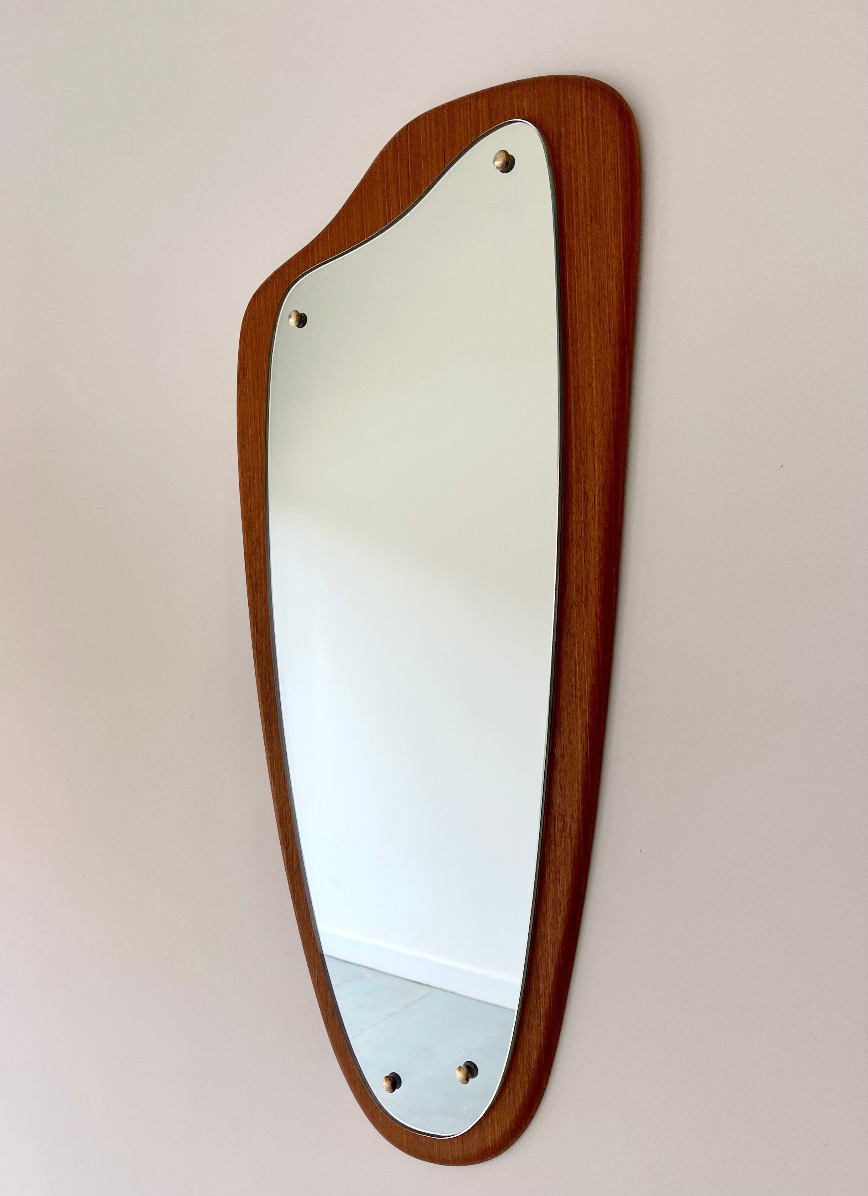 Vintage triangular wall mirror teak frame