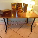 Lounge table, side table on wheels, formica top, gold and black metal