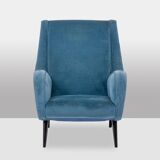 Blue velvet armchair, beech base. 1950s.