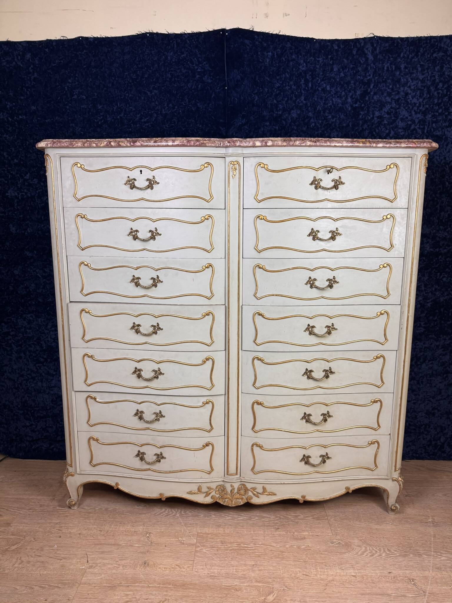 Louis XV style double row crossbow chest of drawers in lacquered and gilded wood circa 1900