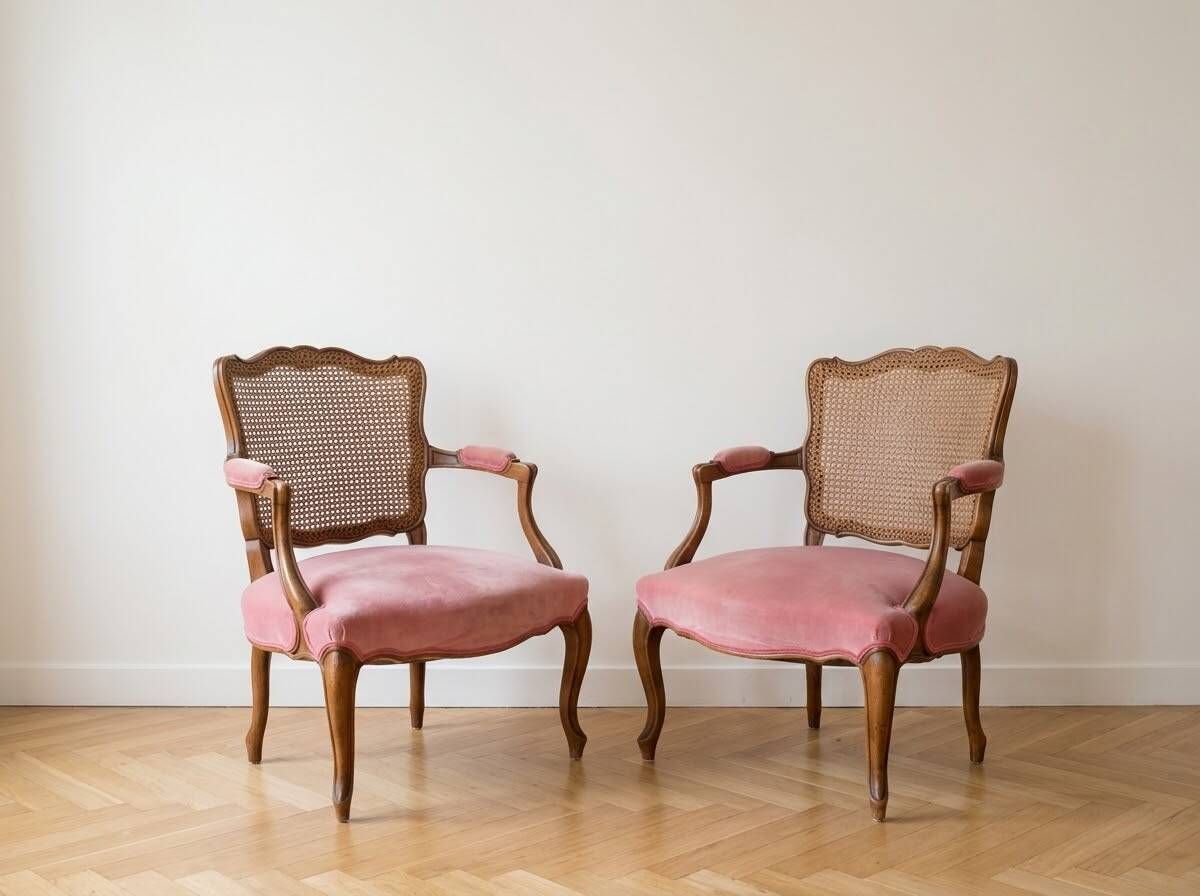 Pair of antique Louis XV armchairs in wood, caning and pink velvet.