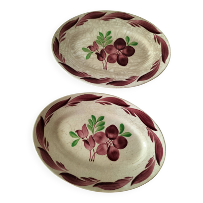 Duo de raviers Gien modèle Barbizon, décor floral peint main, années 30-40