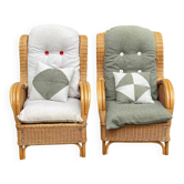2 rattan and woven wicker armchairs in vintage 70s style