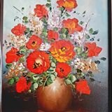 Oil on canvas bouquet of red flowers signed