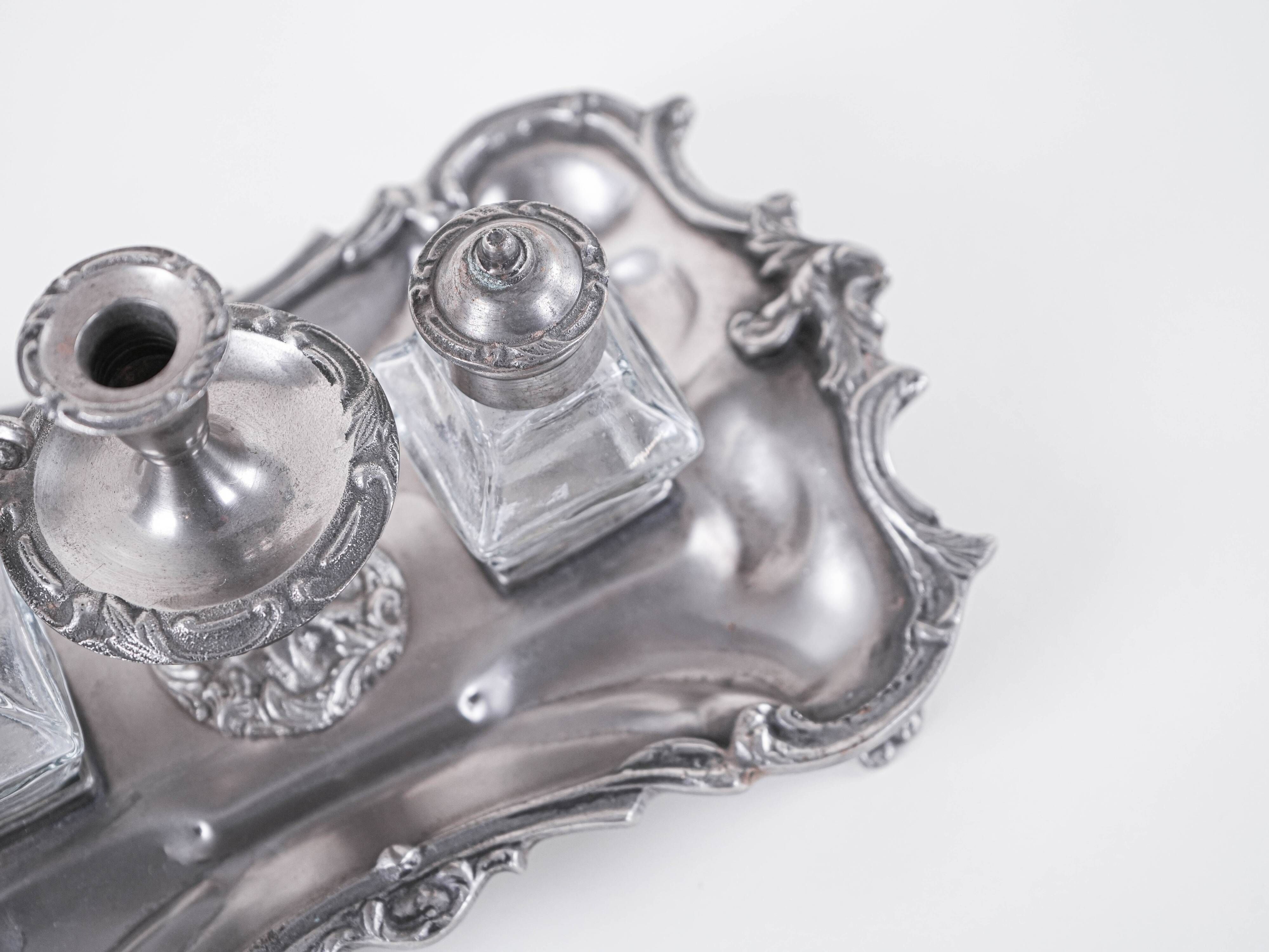 Decorative Art Deco table set – metal tray with glass flacons, European craftsmanship