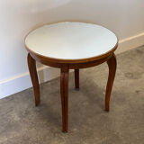 French Art Deco side table, 1930s vintage round wooden table with mirrored top