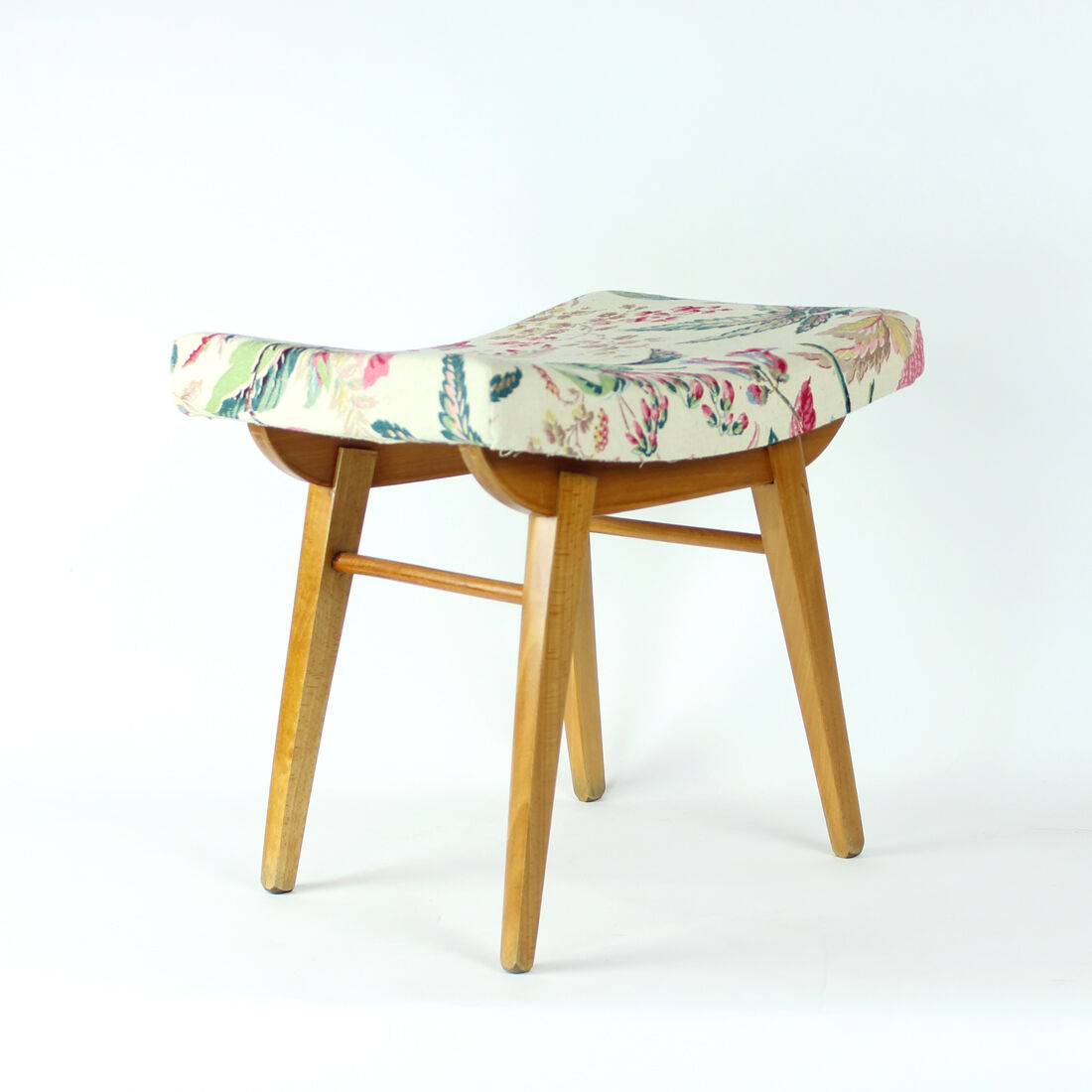 Tabouret mid century en chêne et lin, Ton Tchécoslovaquie années 1960