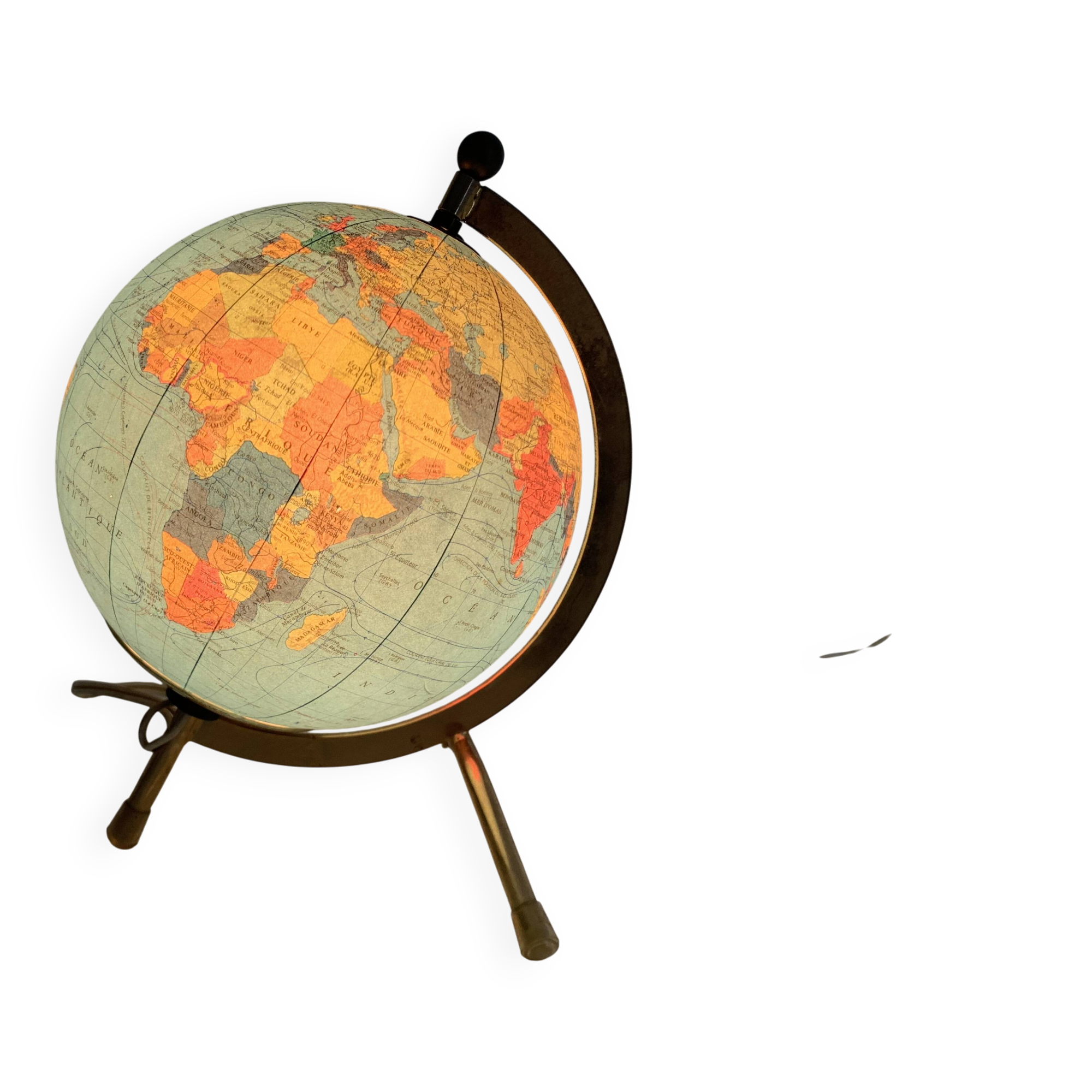 Globe vintage 1970 terrestre Taride tripode doré verre mappemonde - 23 cm