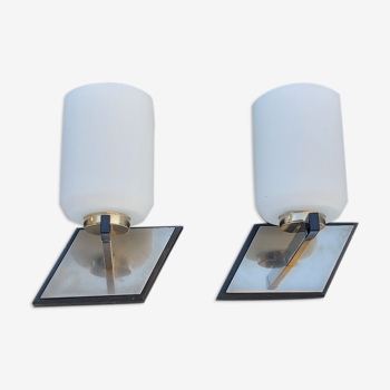 Pair of vintage metal and opaline wall light