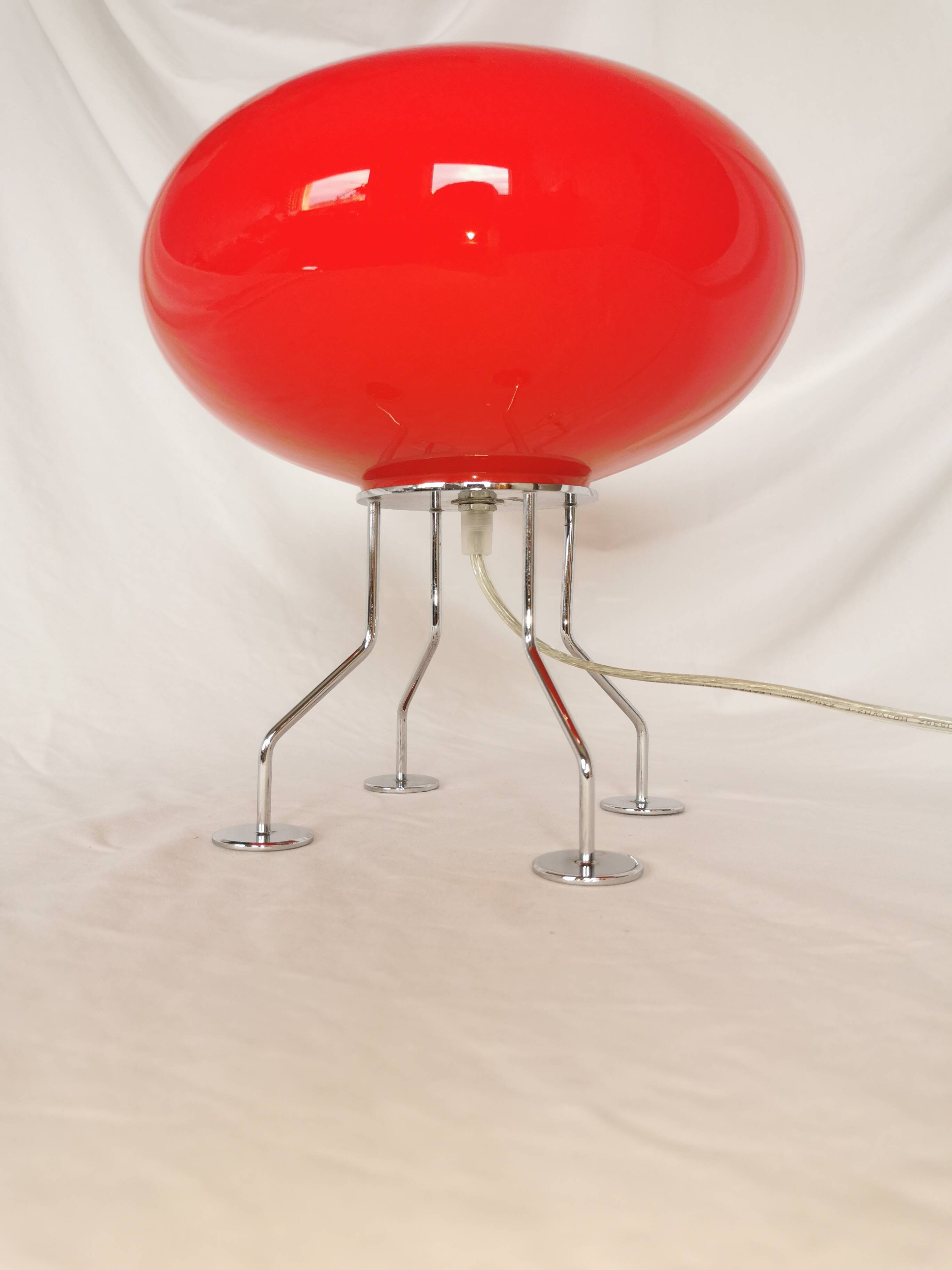 Red ufo mushroom lamp, space age, opaline and chrome steel.