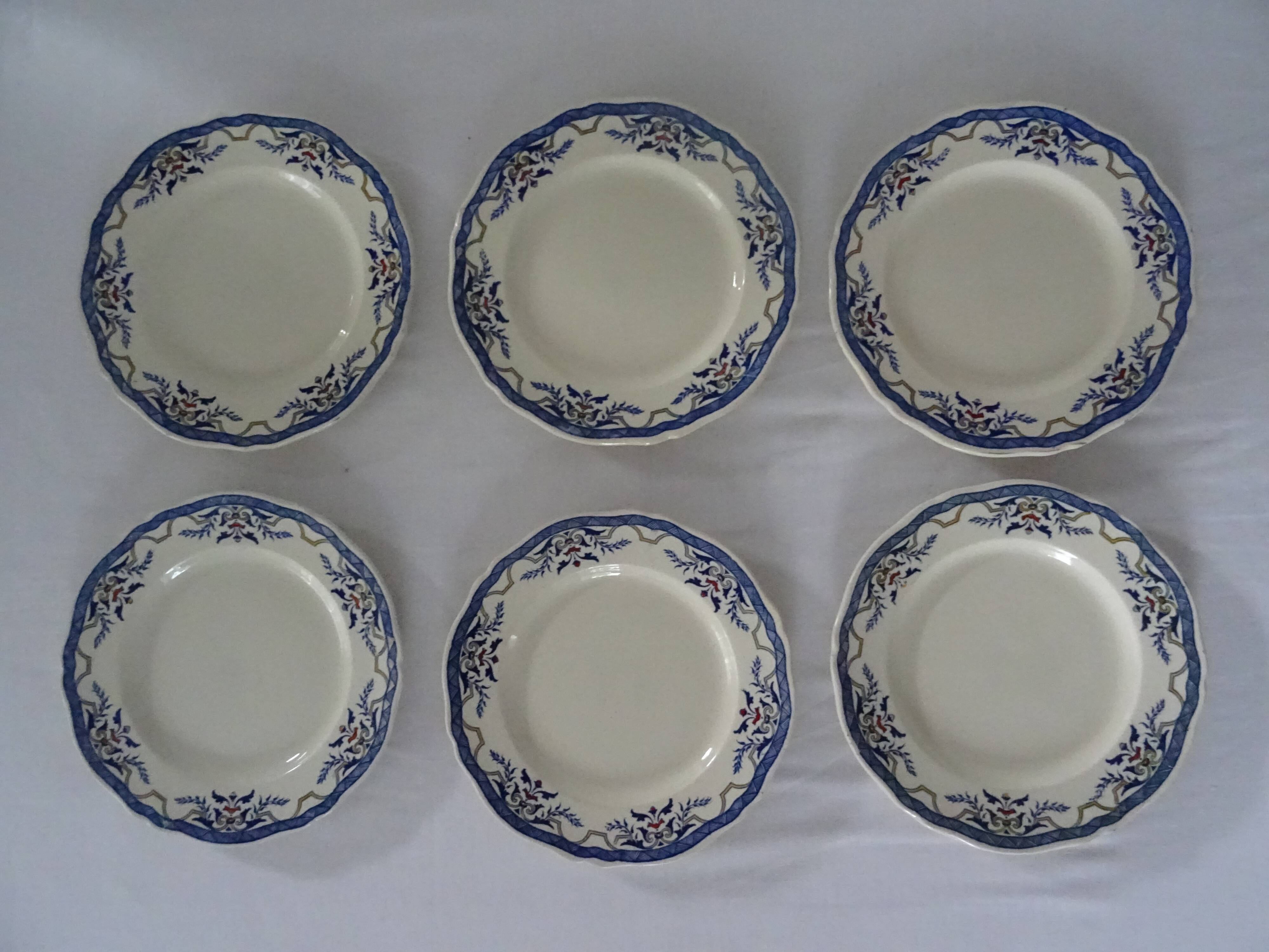 6 plates luneville k & g  villeray décor blue old faience
