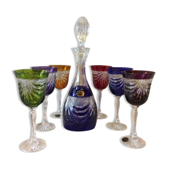 Carafe et 6 verres cristal taillé main double couleur
