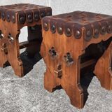 Pair of brutalist stools, leather seat.