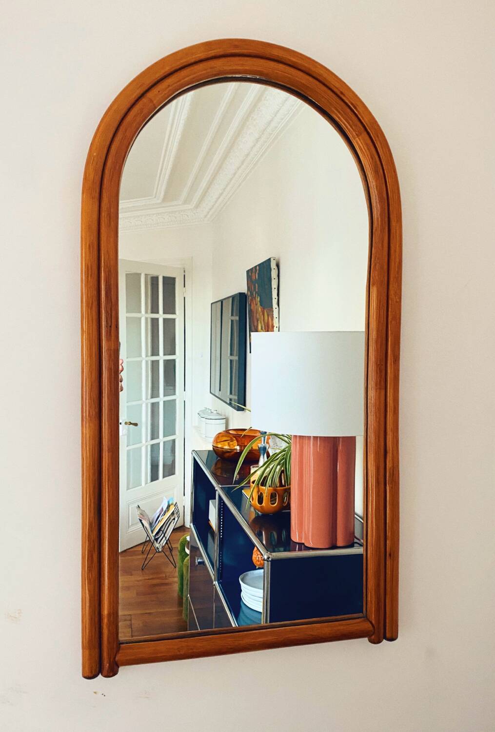 Large Scandinavian style arc wall mirror in bamboo