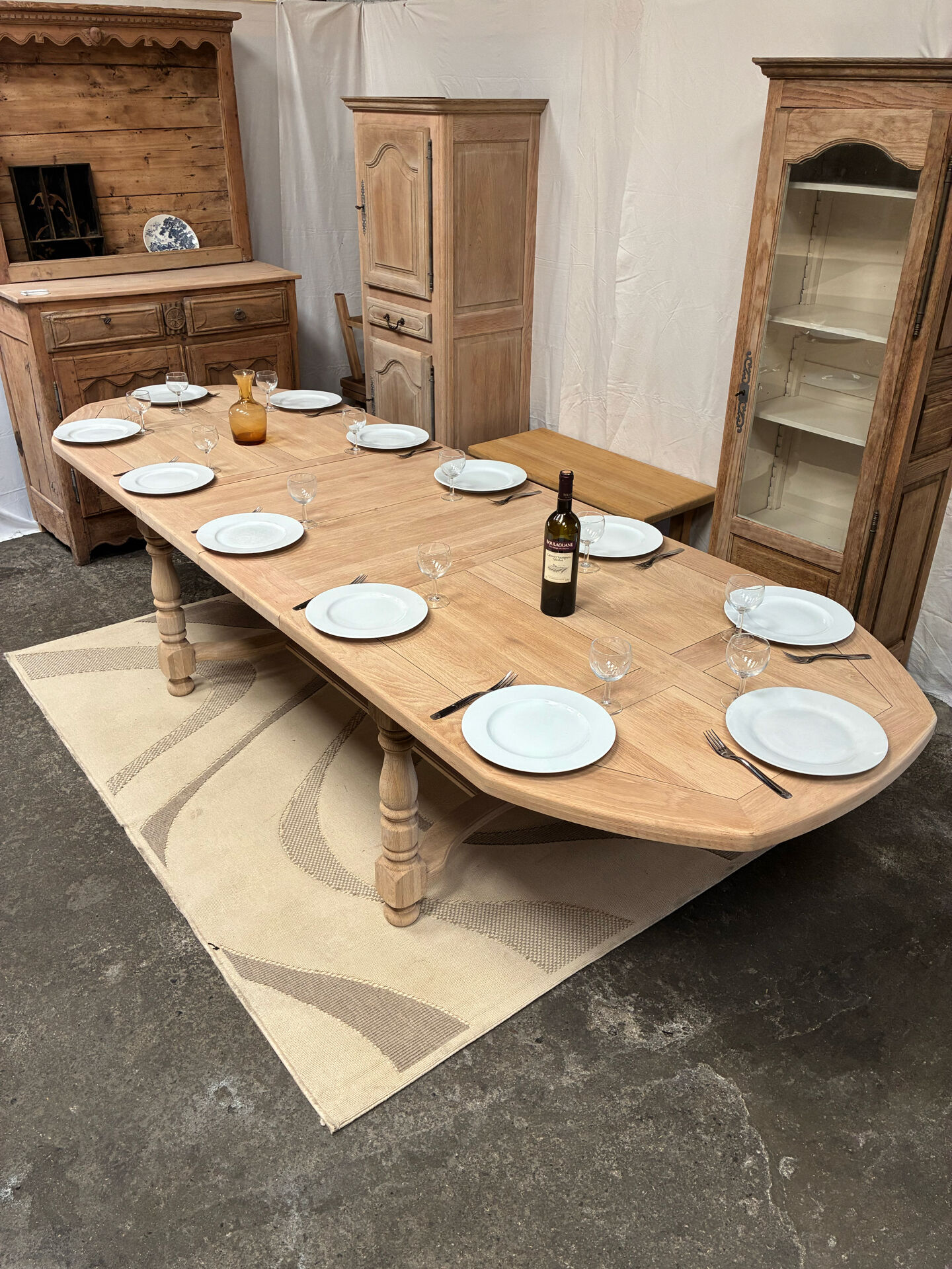 Solid oak farmhouse table with extensions.