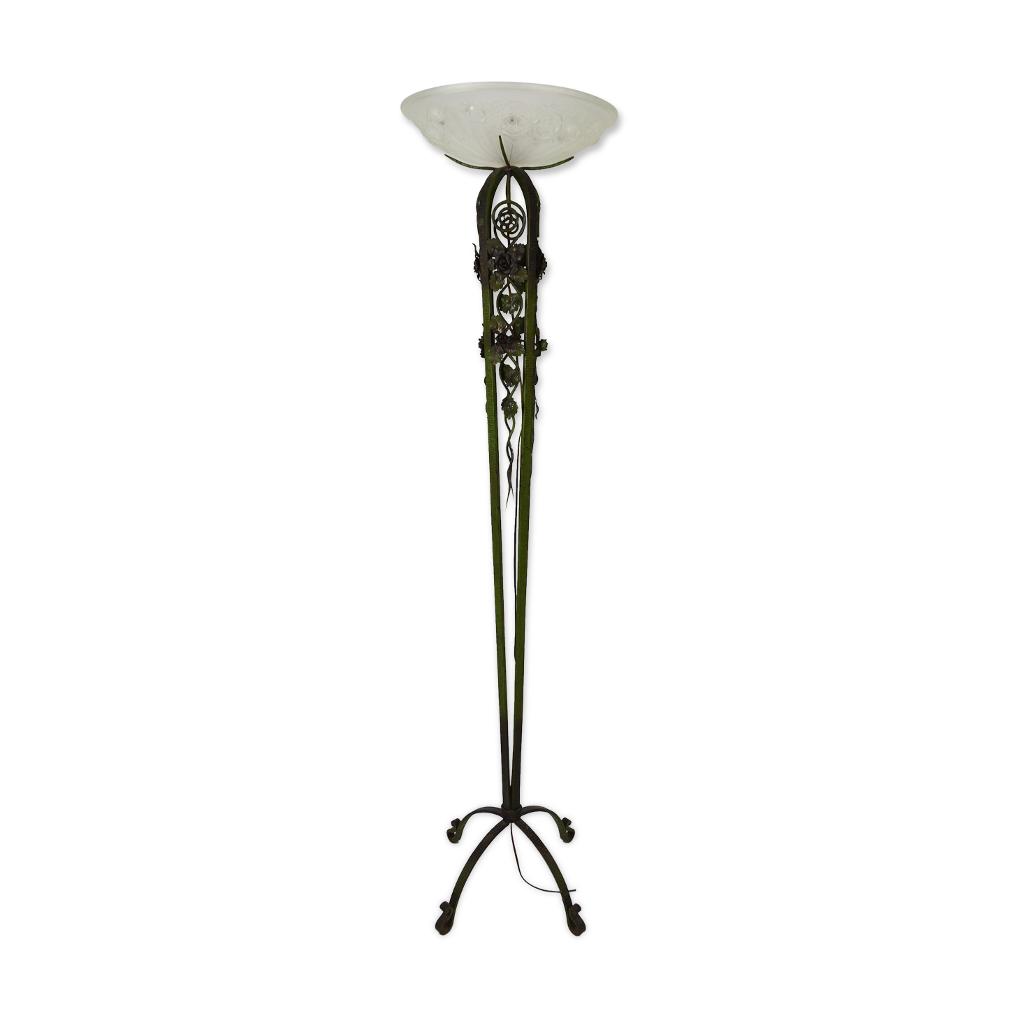 Art Deco floor lamp with wrought iron roses and green patina