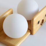 Duo of pine and opaline glass wall lights, 1980s