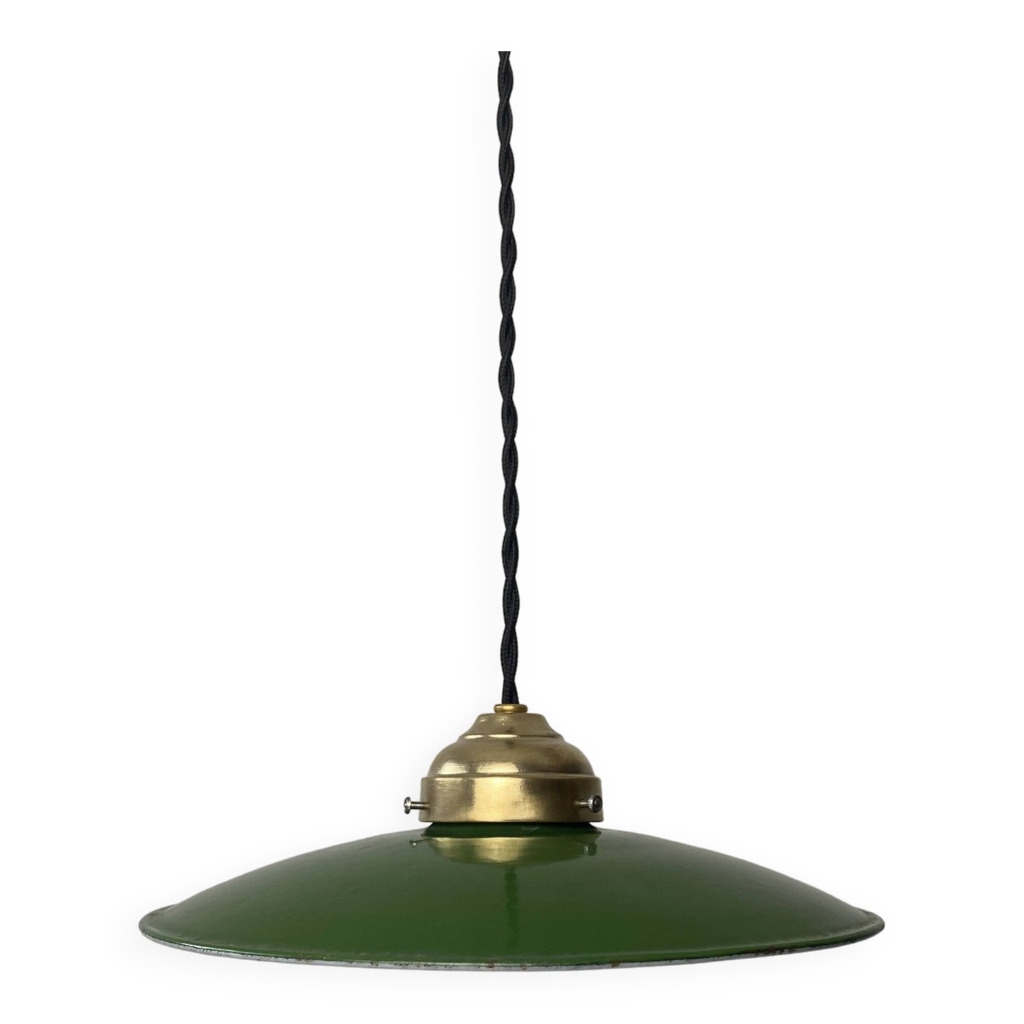 Ancien luminaire industriel suspension soucoupe en tôle émaillée verte - Décoration