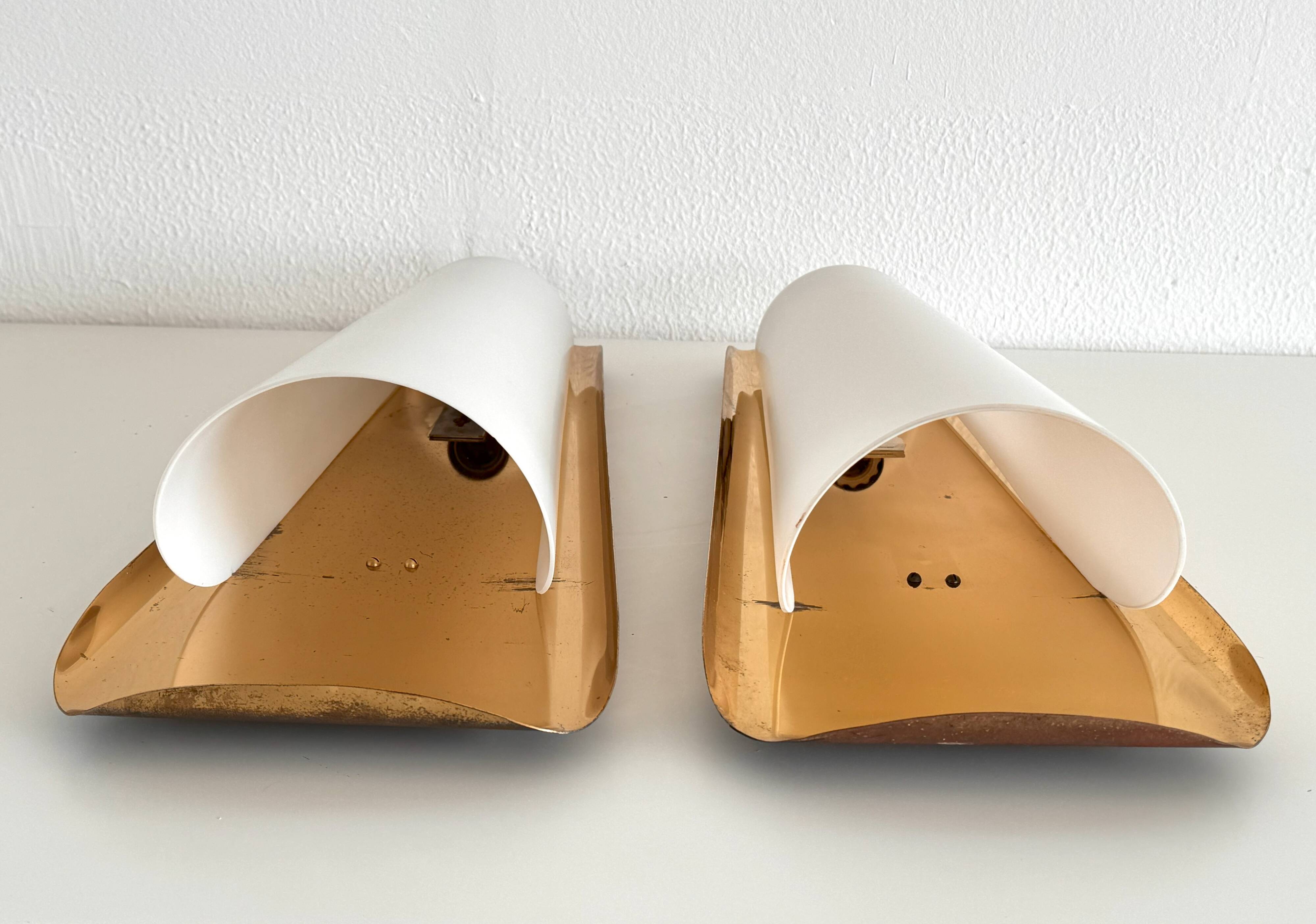 Art Deco Wall Sconces by Vereinigte Werkstätten, Brass & Opaline, 1950