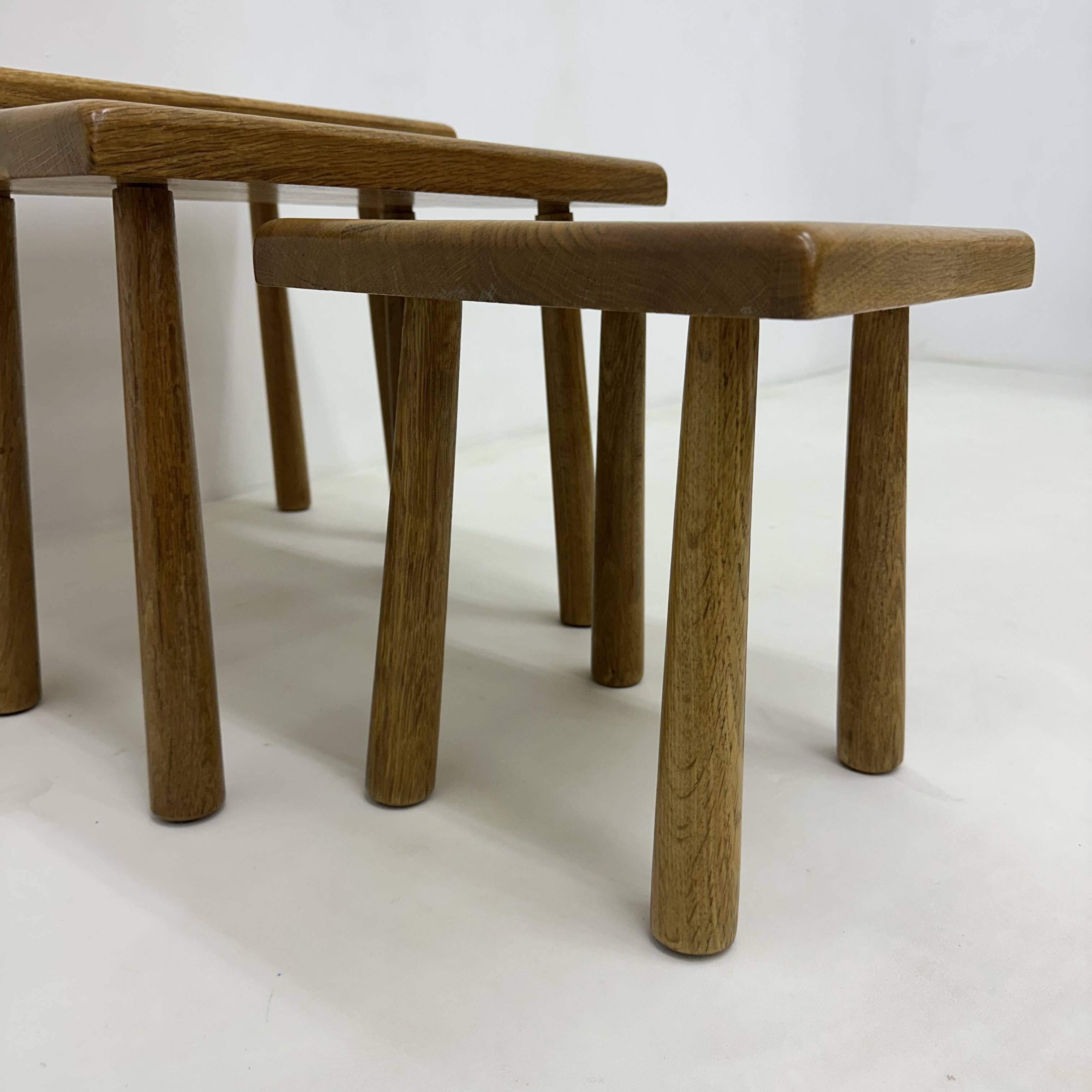 Set of nesting tables solid oak wood brutalist , 1970s