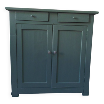 Buffet parisien vintage 2 portes, 2 tiroirs, réenchanté en vert fumé