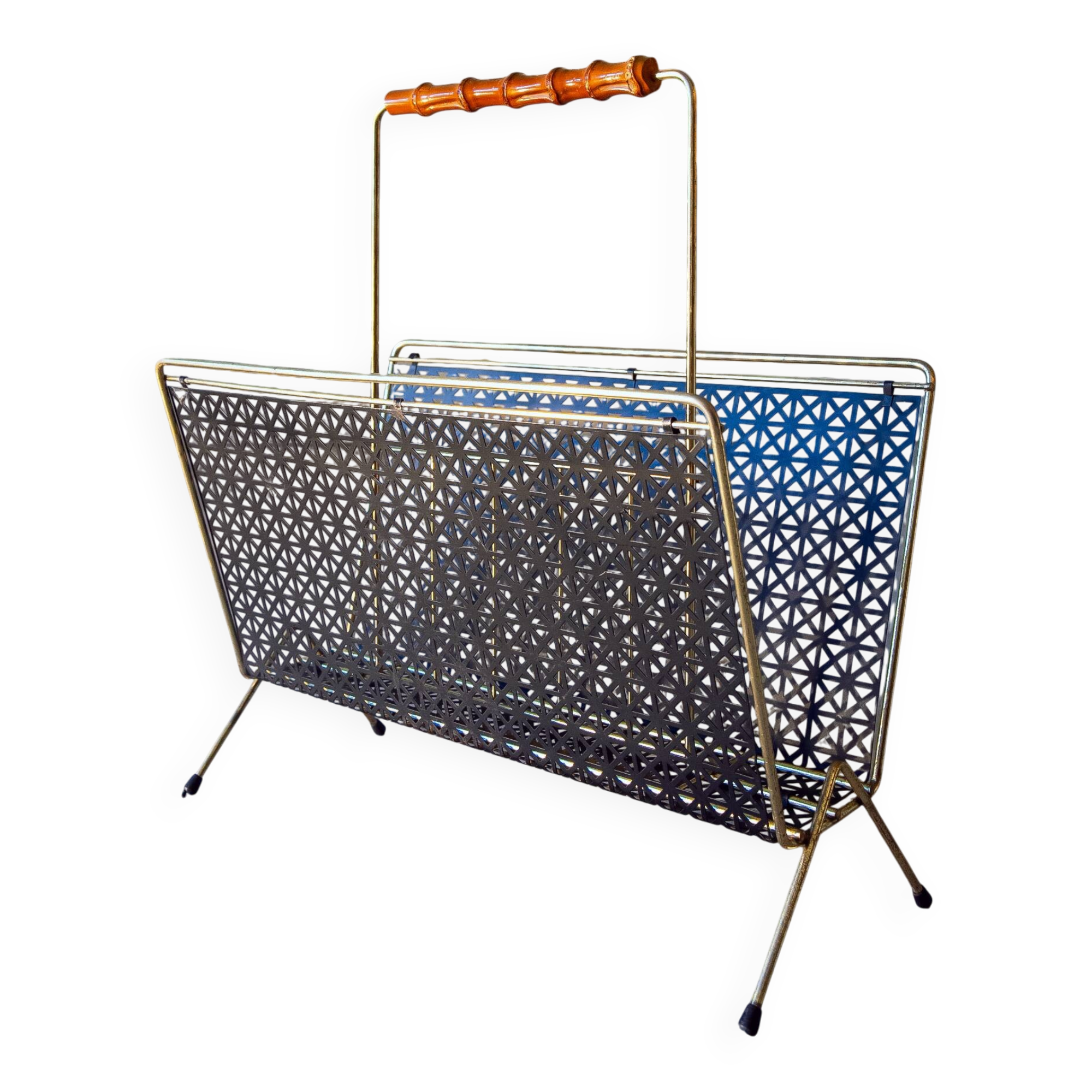 Magazine rack from the 1950s, perforated metal and bamboo.