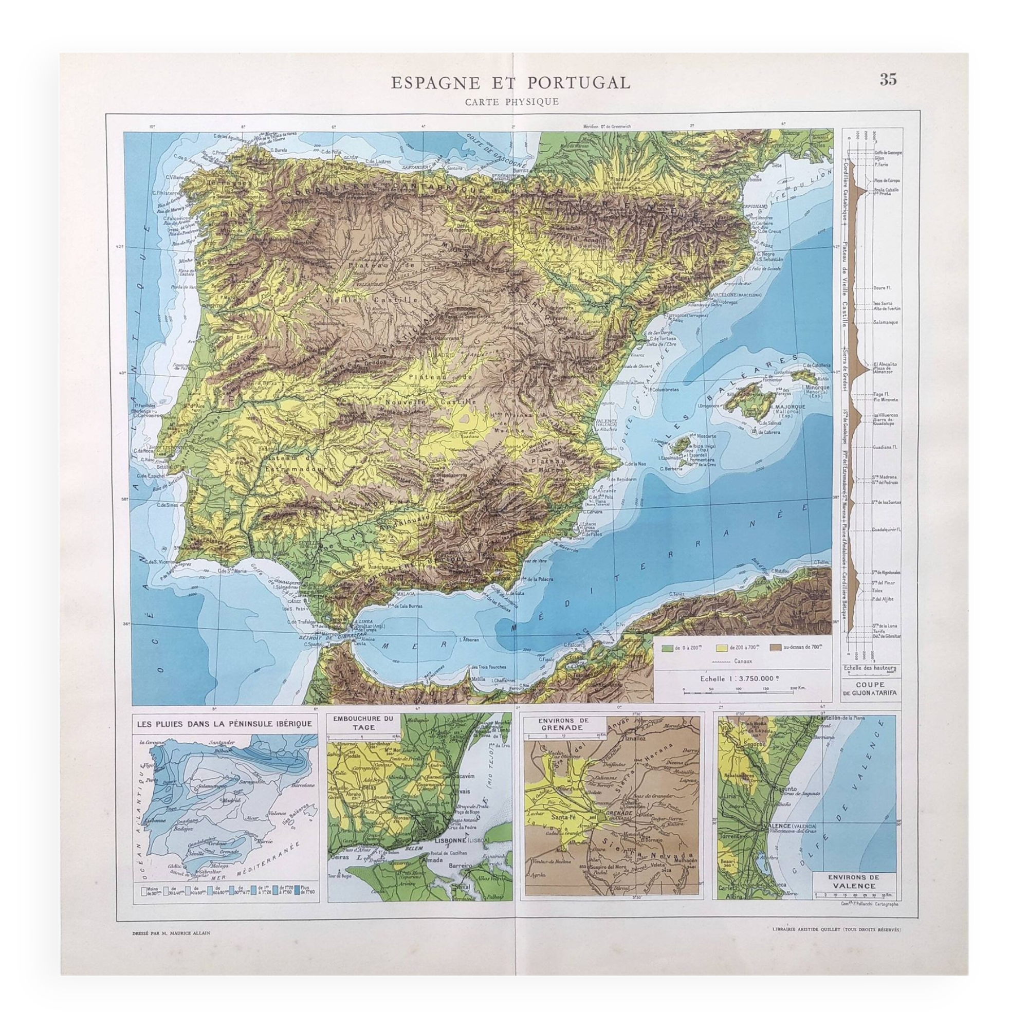 Spain and Portugal map in vintage colors 43x43cm from 1950