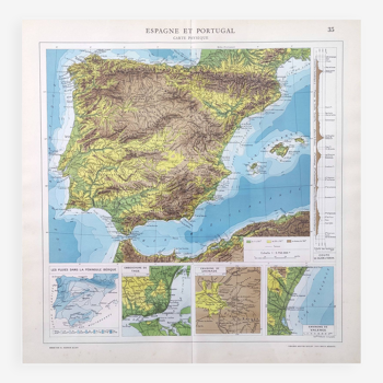 Carte Espagne et Portugal en couleurs vintage 43x43cm de 1950