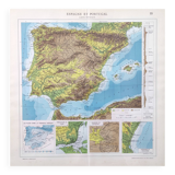 Spain and Portugal map in vintage colors 43x43cm from 1950