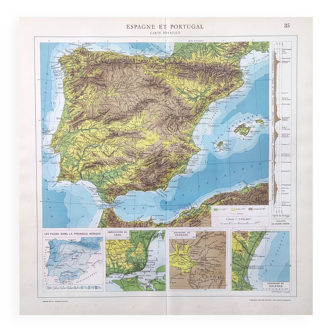Spain and Portugal map in vintage colors 43x43cm from 1950